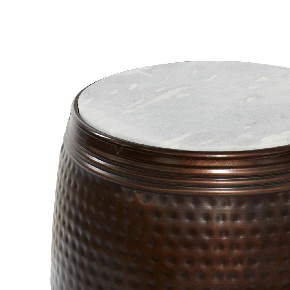 Copper Hammered Barrel Side Table with White Marble Top - 16"x19"