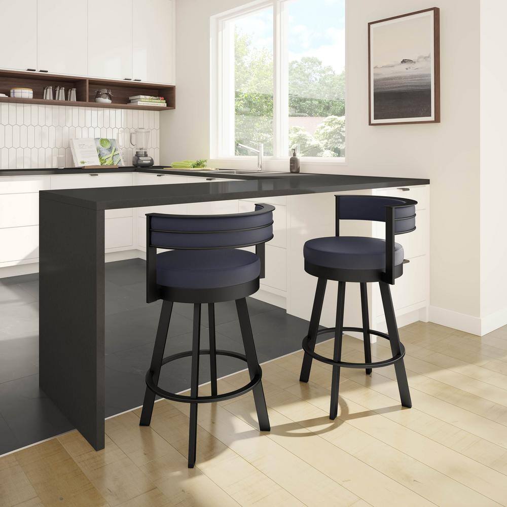 Navy Blue Faux Leather Swivel Bar Stool with Black Metal Frame