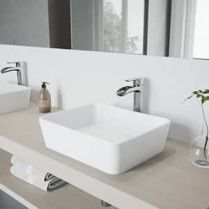 Matte Stone Marigold Composite Rectangular Vessel Bathroom Sink in White with Niko Faucet and Pop-Up Drain in Chrome