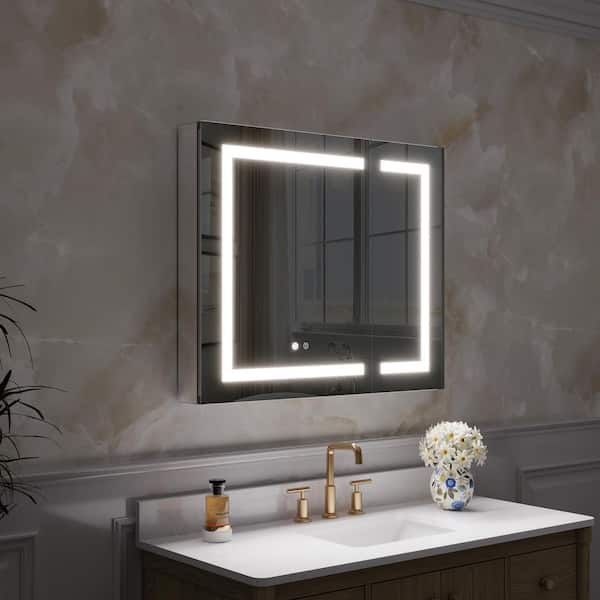 36 in. W x 30 in. H Rectangular Recessed/Surface LED Mirror Cabinet with Mirror Light Defogger,Dimmer,Outlets,USB Ports