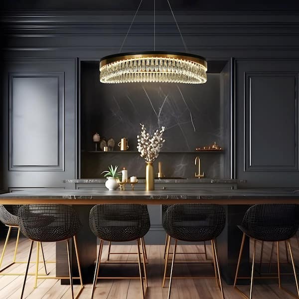 Delphinium 1-Light Dimmable Integrated LED Matte Black and Plating Brass Crystal Wagon Wheel Chandelier for Living Room