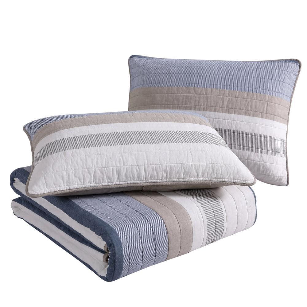 Nautical Blue and Beige Cotton King Quilt Set