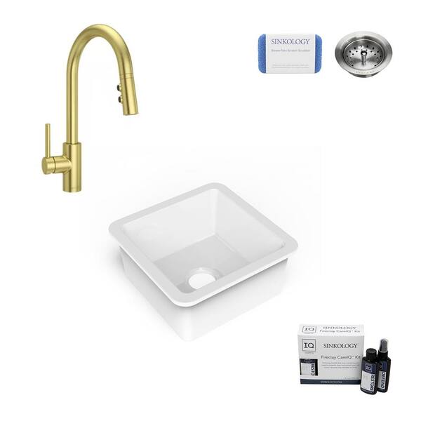 SINKOLOGY Amplify Undermount Fireclay 18.1 in. Single Bowl Bar Prep Sink with Pfister Stellen Faucet in Satin Gold