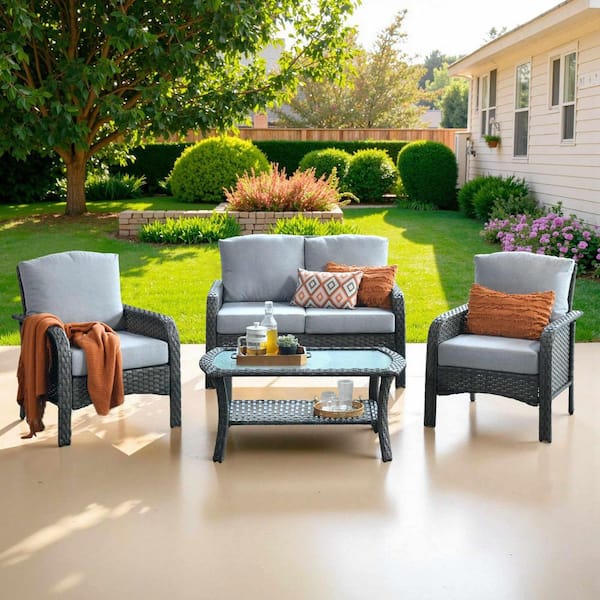 Hot Sale Gray 4-Piece Wicker Outdoor Lounge Chair Patio Seating Set with Light Gray Cushion & Coffee Table for Backyard