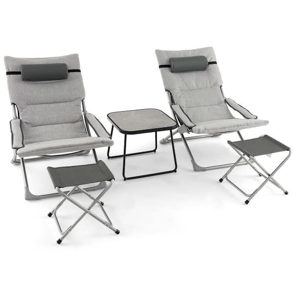 Costway 5-Pieces Metal Patio Conversation Set Folding Sling Chair Ottoman Table Portable Headrest with Gray Cushions