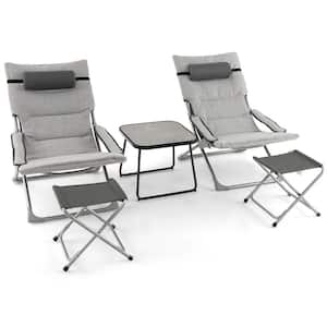 5-Pieces Metal Patio Conversation Set Folding Sling Chair Ottoman Table Portable Headrest with Gray Cushions