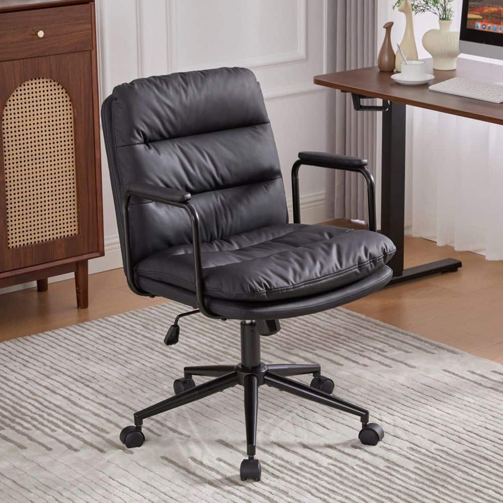 Faux Leather Reclining Office Chair in Black Gray Swivel Desk Task Chair with Padded Armrest for Office, Bedroom