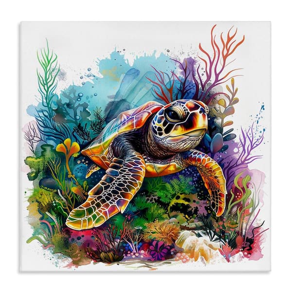 Stupell Industries Coral and Sea Life Turtle by LSR Design Studio Unframed Animal Graphic Art Print 24 in. x 24 in.