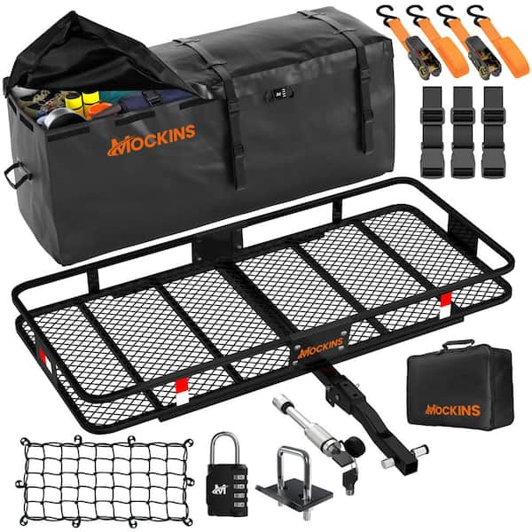 Mockins 500 lb. Capacity Hitch Mount Cargo Carrier Basket with 16 cu. ft. Cargo Bag, Straps, Net, Folding Shank and 2 in. Raise