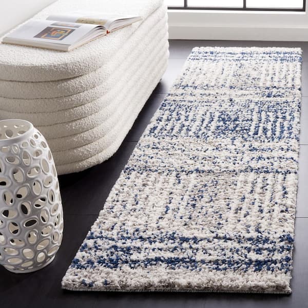 Jericho Shag 2 ft. x 10 ft. Navy/Ivory Abstract Striped Runner Rug