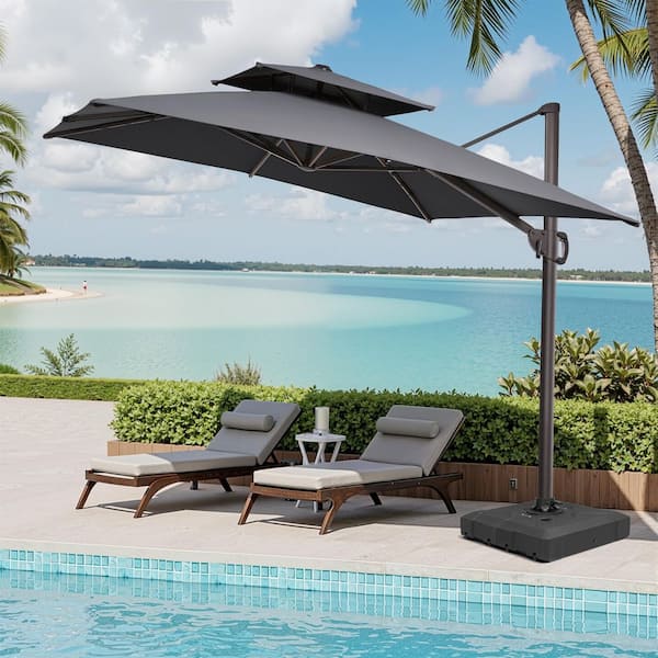 9 ft. x 11 ft. Large Outdoor Aluminum Cantilever 360° Rotation Tiltable Patio Umbrella in Dark Gray with Base