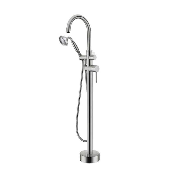 Miscool Forest 2-Handle Floor-Mount Roman Tub Faucet with Round Hand Shower in Brushed Nickel