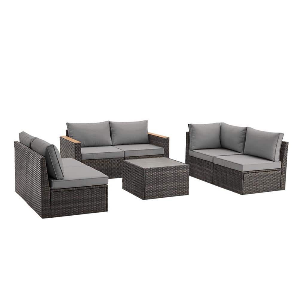 7-Piece Grey Wicker and Steel Frame Outdoor Patio Sectional Sofa Sets with 