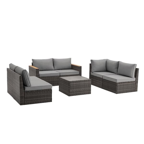 Unbranded 7-Piece Grey Wicker and Steel Frame Outdoor Patio Sectional Sofa Sets with Grey Cushions for Backyard, Lawn