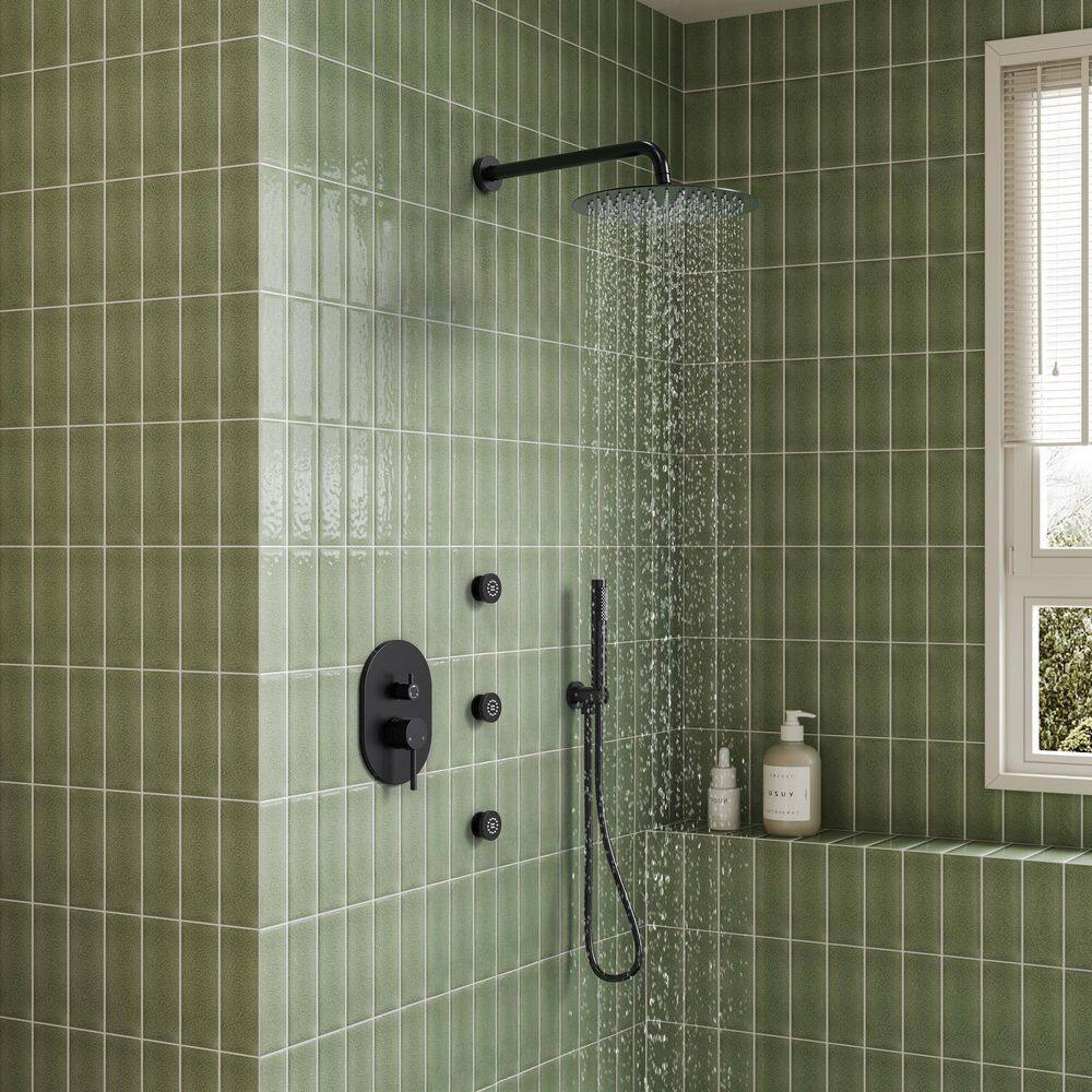 Matte Black 12" Ceiling Mounted Rainfall Shower System with Jets