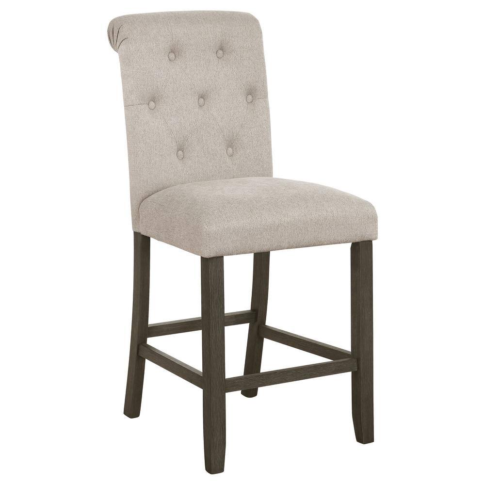 Beige Linen-Like Tufted Back Counter Stools with Rustic Brown Frame (Set of 2)