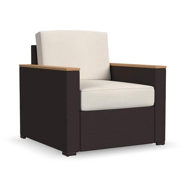 HOMESTYLES Palm Springs Stationary Wicker Rattan Outdoor Lounge Chair with Tan Cushion