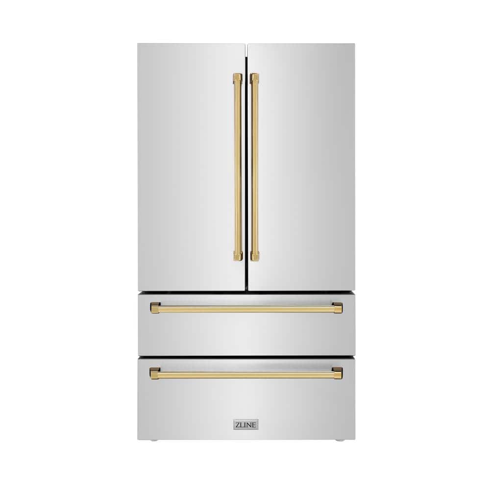 ZLINE Kitchen and Bath Autograph Edition 36 in. 4-Door French Door Refrigerator with Ice Maker in Stainless Steel & Polished Gold, Brushed 430 Stainless Steel & Polished Gold