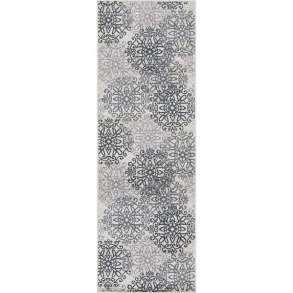 HomeRoots 8 ft. Oatmeal And Gray Medallion Power Loom Stain Resistant Runner Rug