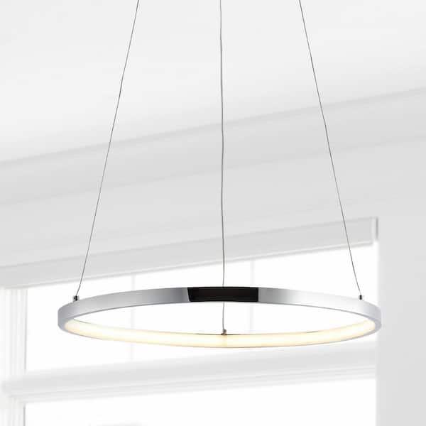 JONATHAN Y Bradley 15.75 in. 1-Light Integrated LED Chrome Modern Contemporary Metal Round Pendant
