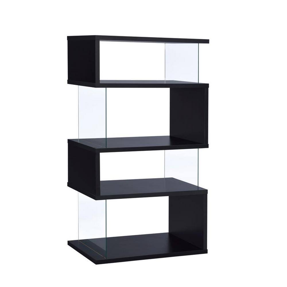 Benjara Asymmetrical 63 in. H Black Wooden 4 Shelf Snaking Bookcase