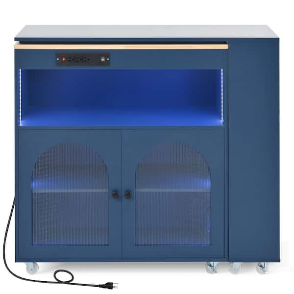 Navy Blue Wood Top 41 in. Rolling Kitchen Island with Extended Table Wheels LED Lights Fluted Glass Doors Power Outlets