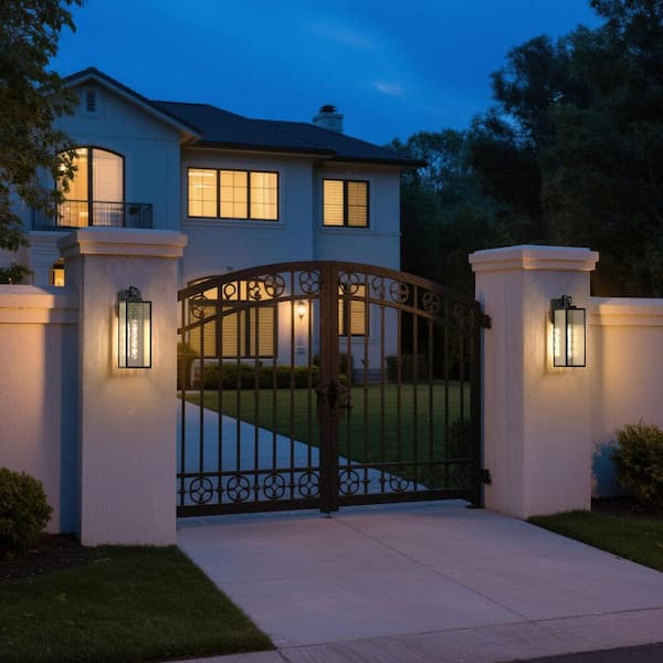 18 in. Black Water Ripple Glass Large Outdoor Wall Lights 2 Pack, Waterproof Dusk to Dawn Porch Light for Garden