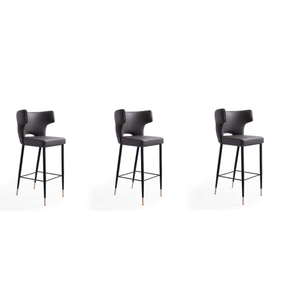 Holguin Gray Leather and Wood Barstool Set with Gold Accents