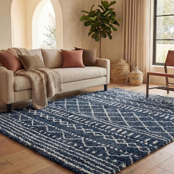 Arizona Shag Blue/Ivory 2 ft. x 4 ft. Slate Geometric Lodge Area Rug