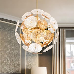 Broadus 11-Light Gold Starburst Sputnik Chandelier Sphere Pendant Light with Clear Swirled Glass Amber Glass Sheet