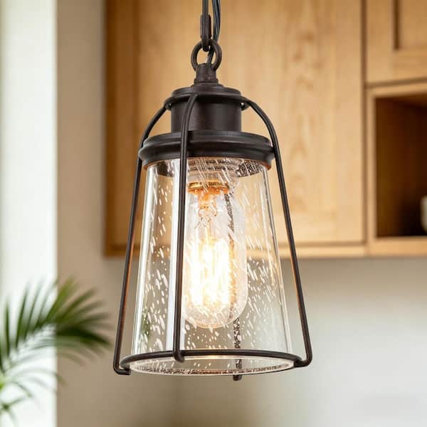 1-Light 5 in. Rust Bronze Cage Island Pendant Light with Seeded Glass Shade, Dining Room Mini Glass Pendant Light