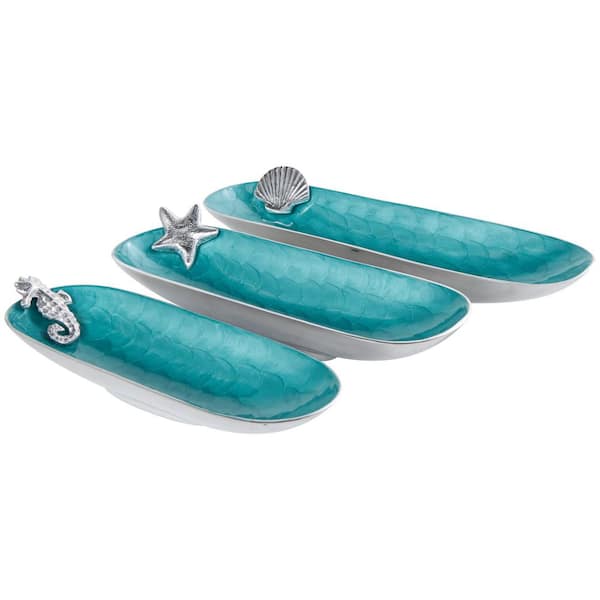 Litton Lane Teal Handmade Aluminum Metal Enameled Oval Decorative Bowl with Shell, Starfish, and Seahorse Accents (Set of 3)