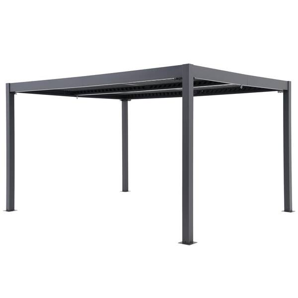 Freestyle 10 ft. x 13 ft. Black Aluminum Outdoor Adjustable Louvered Roof Pergola with Gray Curtains
