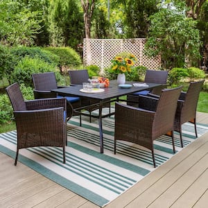 Black 7-Piece Metal Patio Outdoor Dining Set with Slat Table and Rattan Chairs with Blue Cushion