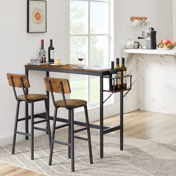 3-Piece Brown wood Top Bar Table Set with 2 Bar Stools