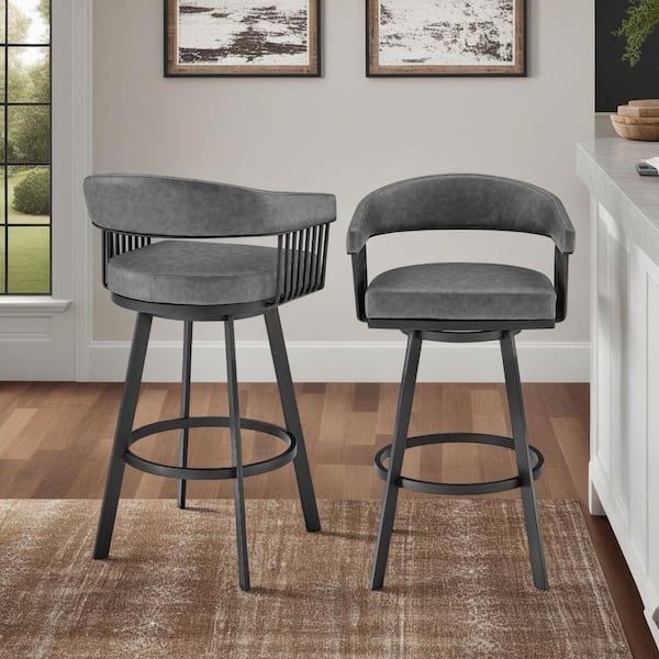 Armen Living Chelsea 26 in. Gray/Black High Back Metal Swivel Counter Stool with Faux Leather Seat