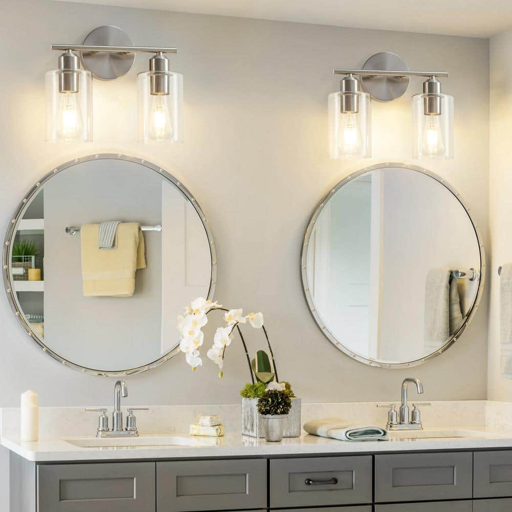 Brushed Nickel 2-Light Vanity Fixture with Clear Glass Shades