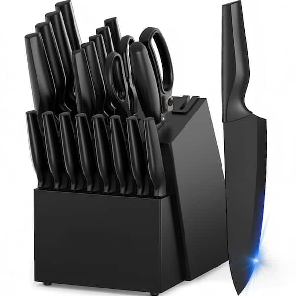 Modern 21-Piece High Carbon Stainless Steel Serrated Kitchen Knife Set with Hard Wood Block & Built-in Sharpener, Black