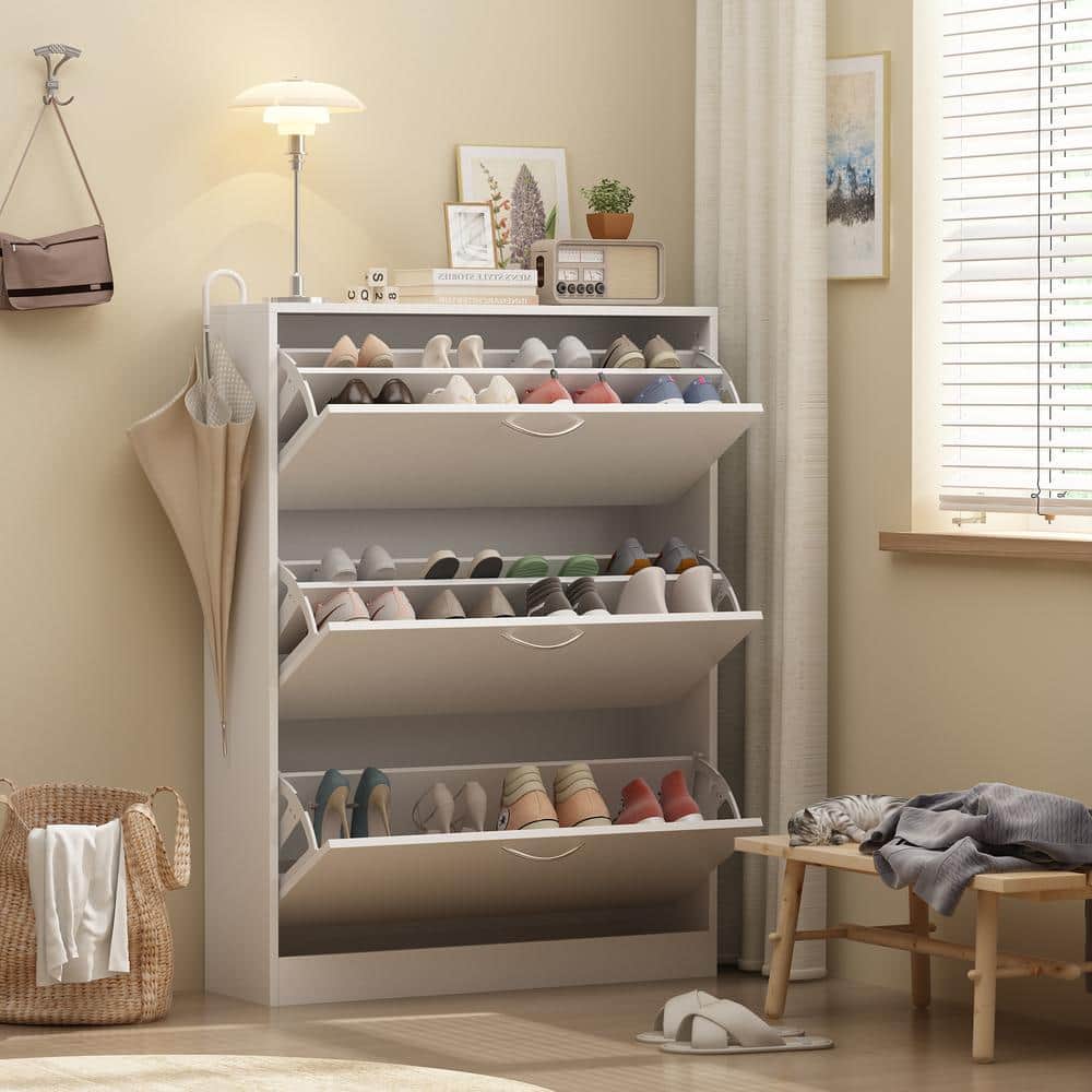 White MDF 3-Drawer Shoe Storage Cabinet with Metal Handles