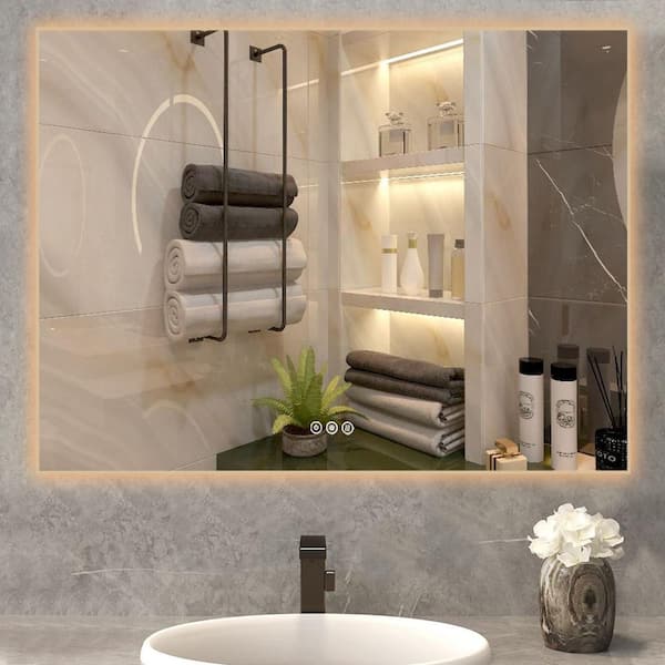 FORCLOVER 48 in. W x 36 in. H Rectangular Framed Anti-Fog Dimmable Backlit LED Wall Bathroom Vanity Mirror in Gold