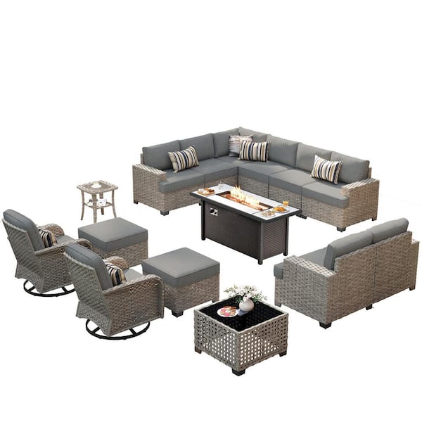 Jubilation 15 Pieces Wicker Outdoor Patio Rectangular Fire Pit Set and Swivel Rocking Chairs with Dark Gray Cushions