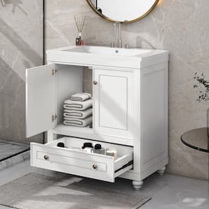 29.5 in. W x 17.7 in. D x 33.9 in. H Bathroom Vanity in White Solid Frame Bathroom Cabinet with Ceramic Basin Top