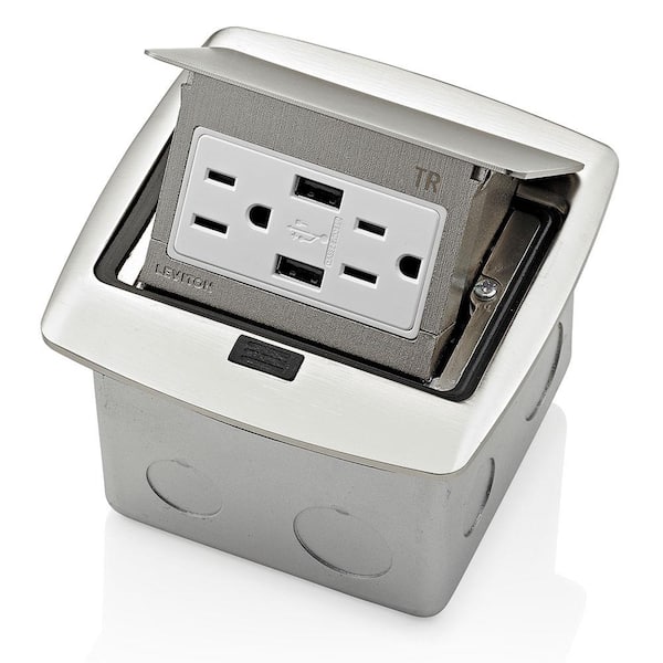 Pop-Up Floor Box with Dual Type A, 3.6 Amp USB Charger, 15 Amp Outlet, Brushed Nickel PFUS1-BN