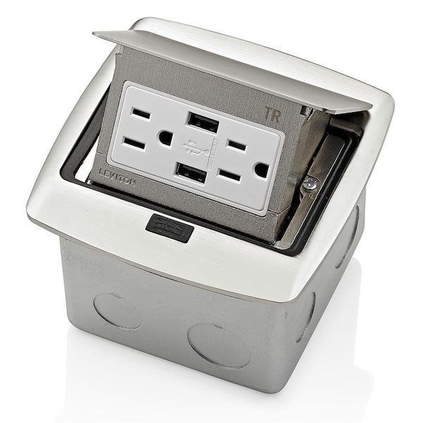 Leviton Pop-Up Floor Box with Dual Type A, 3.6 Amp USB Charger, 15 Amp Outlet, Brushed Nickel