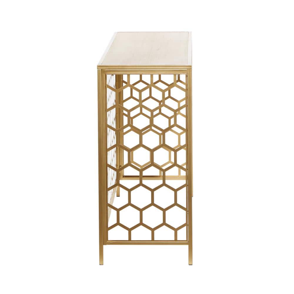 Elegant Gold Metal and Brown Wood Console Table with Honeycomb Pattern, 42"
