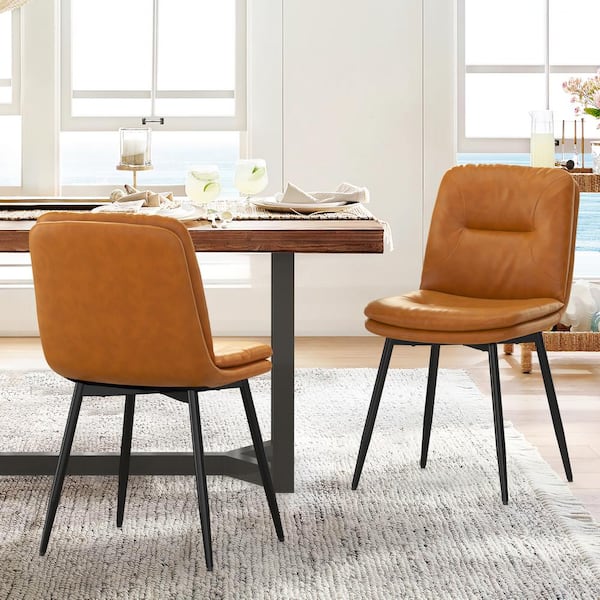 LUE BONA 18 in. Metal Frame Whiskey Brown Faux Leather Upholstered Dining Chairs Set of 2