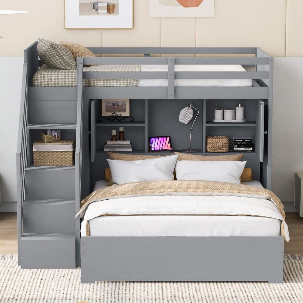 Harper & Bright Designs Gray Twin Over Full Bunk Bed with Light