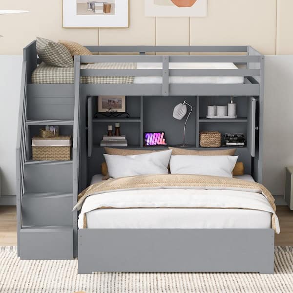 Gray Twin Over Full Bunk Bed with Light, Storage Staircase, Wardrobe, USB Charging Ports and Power Outlet