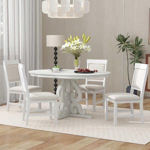 Retro 5 Piece Round Extendable Table Antique White Wood Dining Set with a 16-inch Leaf and 4 Upholstered Chairs