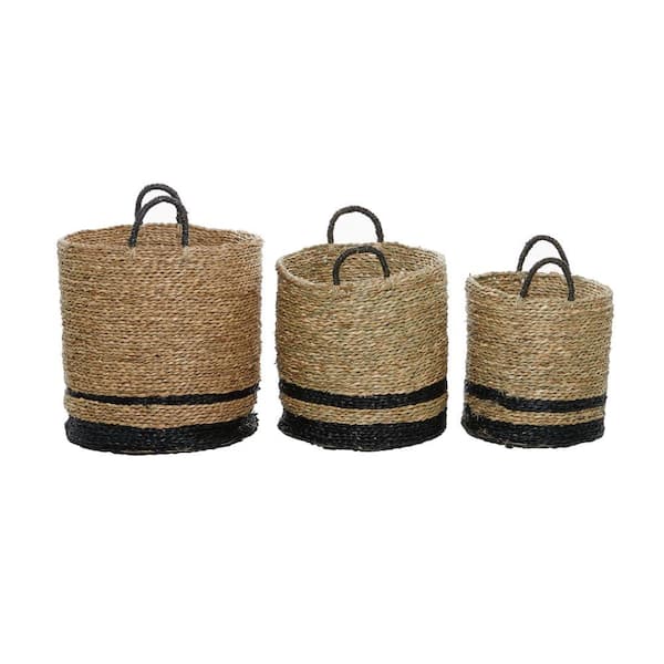 Seagrass Handmade Two Toned Storage Basket with Handles (Set of 3)